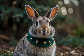 A rabbit wearing a green elf collar with bells