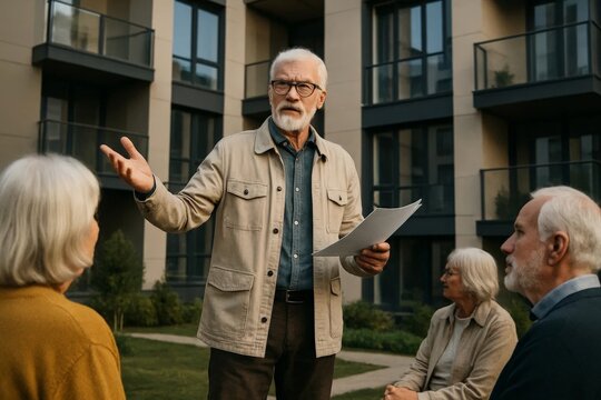 Senior man speaking to neighbors outside modern apartment building, holding documents while leading community meeting or homeowners association discussion.