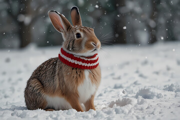 A rabbit wearing a peppermint-striped scarf on a snowy background
