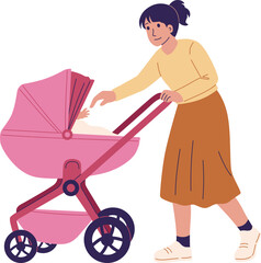 Mother Pushing Pink Baby Stroller Illustration