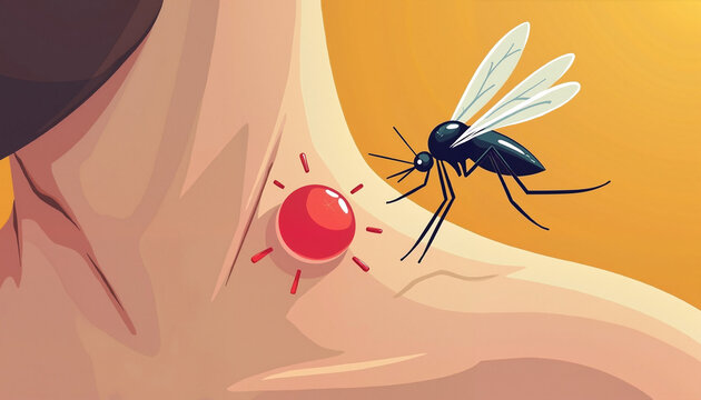 Mosquito biting skin with a red bump on yellow background
