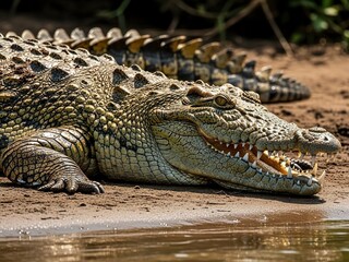 Fototapeta premium Crocodiles basking in sun on muddy riverbank with open mouths