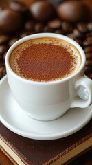 A white coffee cup with brown foam on top sits on a white plate. The coffee cup is surrounded by coffee beans, which are scattered around the cup. Concept of warmth and comfort, as the coffee cup