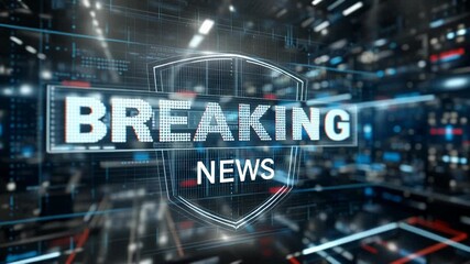 Futuristic digital breaking news concept with neon lights and cityscape background. - Powered by Adobe