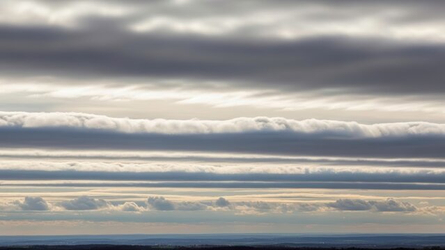 Dramatic layered cloudscape over rolling hills at sunrise or sunset with soft natural light