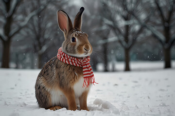 A rabbit wearing a peppermint-striped scarf on a snowy background