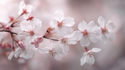 Fototapeta premium Cherry Blossoms Float Softly in a Pastel White Pink Scene With Wide Open Space Around Them in Springtime