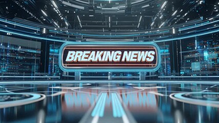 Futuristic digital studio set with breaking news display on virtual screen. - Powered by Adobe