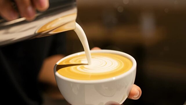 Professional asian female barista creating latte art by pouring steamed milk into a cup. Closeup sequence showing the process of making a perfect cappuccino or flat white