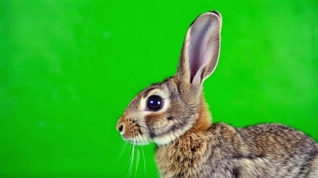 Close-up profile of a cute young rabbit with alert eyes and long ears against a bright green screen background, studio portrait, isolated