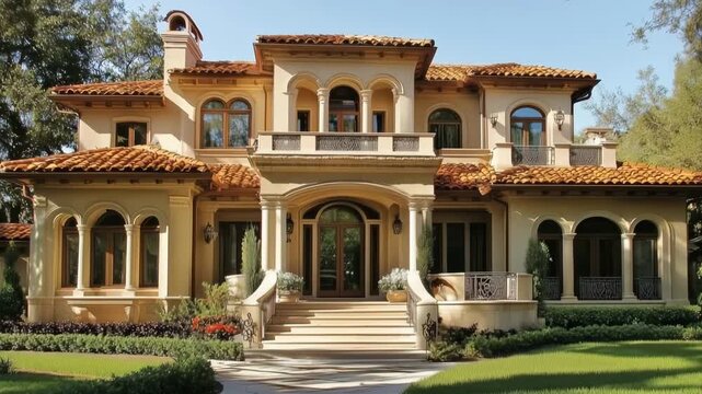Elegant Mediterranean-style italianate villa with terracotta roof, arched windows, and lush landscaping.