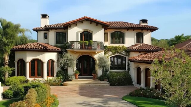 Luxurious Mediterranean-style italianate villa with terracotta roof, arched windows, and lush landscaping.