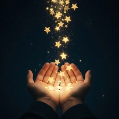Hands releasing shining stars into the dark space