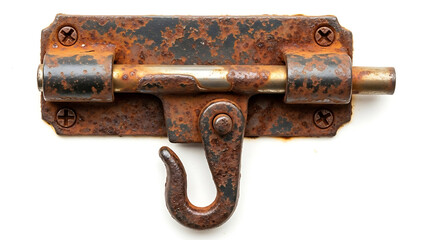 Rusty old metal sliding bolt latch lock on a white background with copy space