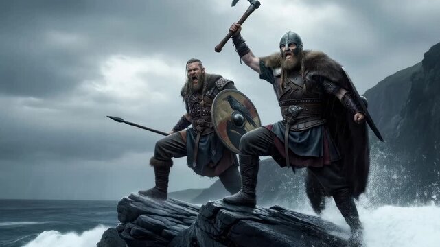 Two viking men standing on a rocky cliff under a stormy sky while crashing waves splash against the rocks in a historical war scene