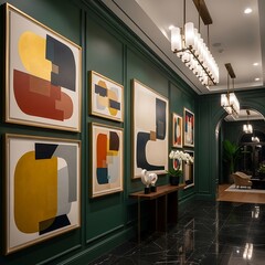 Elegant Hotel Lobby with Modern Art and Dark Green Walls.