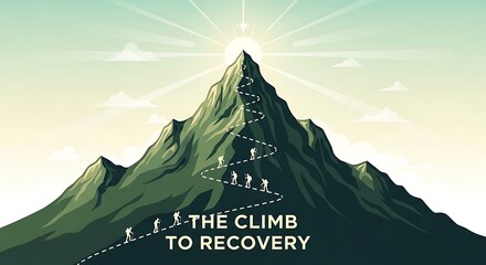 Climbing a mountain to reach the peak with people on the path to recovery
