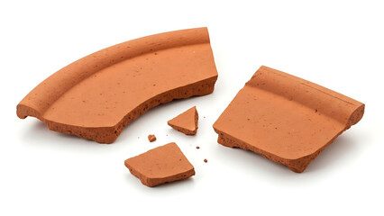 Broken terracotta pot fragments isolated on white background, representing damage and repair concepts