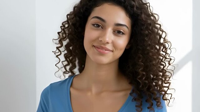 Headshot portrait collage of a beautiful young mixed race adult female with long curly hair. Happy smiling woman looking at camera for a website banner or social media header
