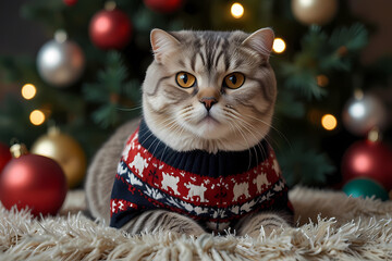 A Scottish fold cat wearing a cozy Christmas sweater near Christmas ornaments
