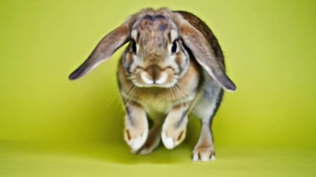 Adorable lop-eared rabbit with soft fur sits looking forward on a bright lime green background, studio shot, isolated, cute pet