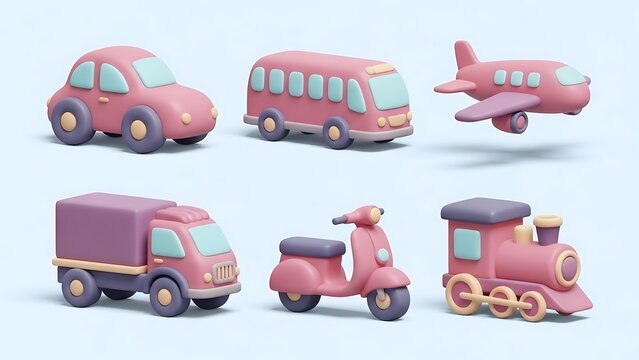 Collection of 3D Rendered Pink Transportation Vehicles on White Background.