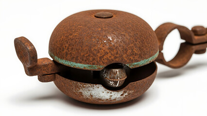 Close-up of an old rusty bicycle bell with a silver ball and mounting bracket