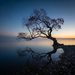 Solitary Tree Reflected in Calm Waters at Sunset.