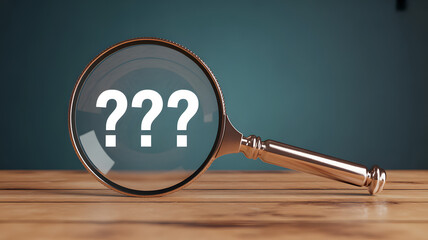 Magnifying glass with question marks on wooden table investigation