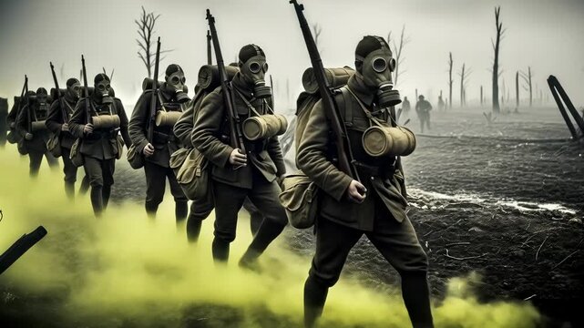 Military men in gas masks marching through yellow gas and barbed wire in a desolate wartime landscape, symbolizing historic conflict.