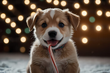 A small puppy holding a candy cane in its mouth with holiday lights behind it