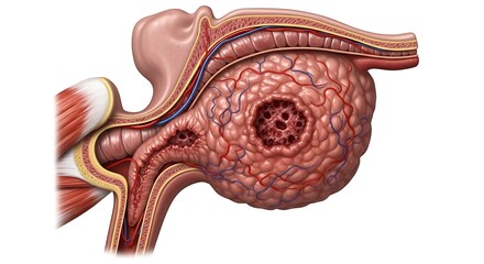 Detailed Medical Illustration of a Human Breast Showing Lobules and Ducts.