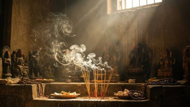 Burning incense sticks releasing ethereal smoke inside an ancient temple. Spiritual ritual for Lunar New Year and celebration. Traditional religious ceremony.
