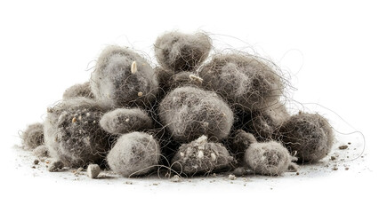 Close-up detail of a large pile of household dust bunnies, lint, and collected debris, showing common indoor allergens
