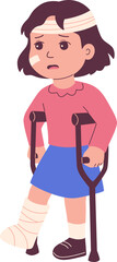 Sad Child with Bandages and Crutches Illustration