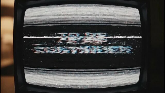 Glitchy television screen. Distorted static image. Retro TV with bad reception. Screen with horizontal bars. Fuzzy broadcast signal. Vintage television set. Poor signal quality. Static