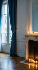 Elegant Room with Fireplace and Window, Candlelit Ambiance.