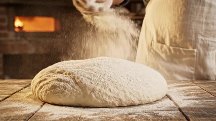 Skilled bakers hands meticulously dust flour over a freshly kneaded rustic bread dough on a worn wooden table preparing it for baking in a warm traditional brick oven highlighting artisanal craftsman.