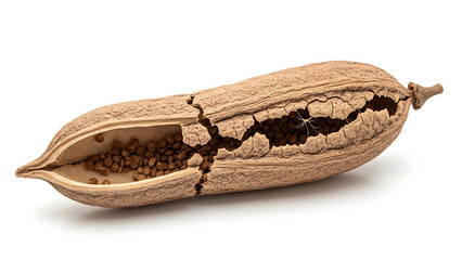 A cracked open vanilla pod revealing seeds inside on a white background