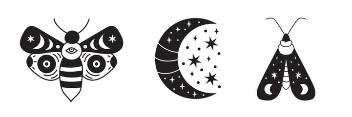 Celestial moon and moth with mystic stars and boho symbols. Vector outline drawing perfect for esoteric tattoos, witchy stickers, or magical moon-themed logos and designs. Vector illustration