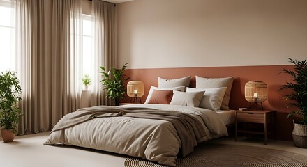 Cozy Bedroom Interior with Earthy Tones and Natural Light.