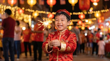 Smiling asian child in traditional qipao holding a sparkler during Chinese New Year celebration at night. Lunar new year festival joy for greeting card.