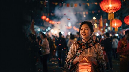 Obraz premium Young asian woman during Chinese New Year celebration at night. Happy female holding lantern in holiday street festival. For greeting card, banner.