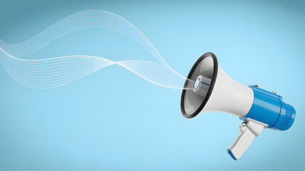 Vibrant blue and white megaphone with dynamic sound waves