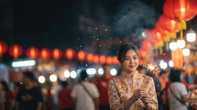 Young asian woman holding sparkler during Chinese New Year celebration. Holiday lights and traditional dress for cultural festival.
