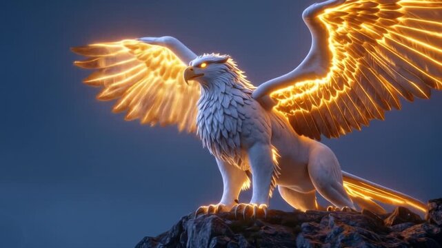 Majestic Glowing Griffin on Rocky Peak, Lightning Storm, Fantasy Animation
