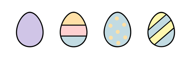 Cute flat design vector illustration of four decorative Easter eggs in soft pastel colors, featuring stripes, polka dots, and solid purple, on a white background.