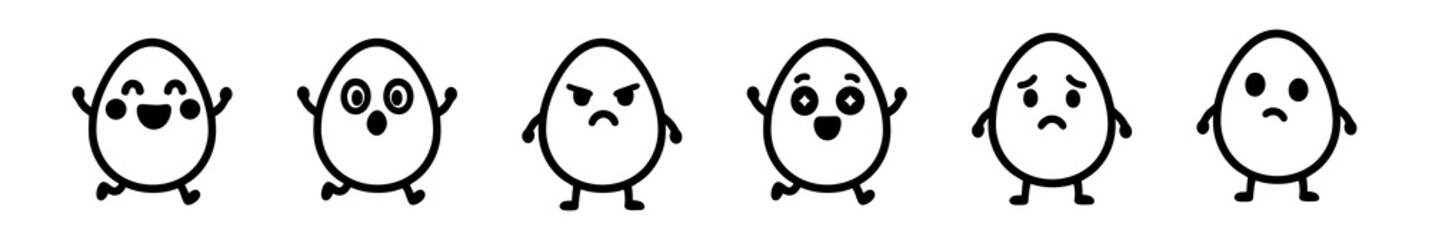 A set of six cute cartoon egg characters with various emotions: happy, surprised, angry, excited, sad, and disappointed. Simple black and white line art.