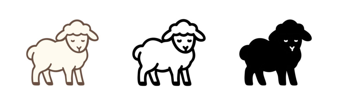 Cute sheep icon set featuring a colored outline, black outline, and solid black silhouette. Perfect for farm, animal, or children's designs.