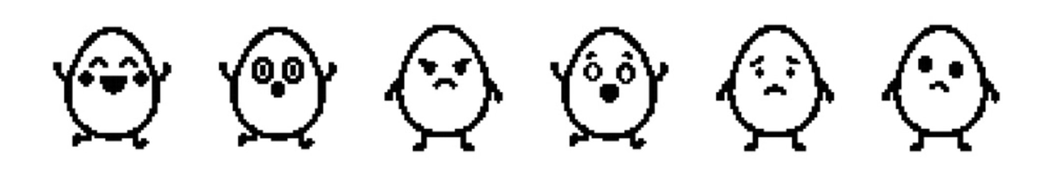 A pixel art collection of cute, simple egg characters expressing various emotions: happy, surprised, angry, scared, sad, and confused. Ideal for retro game design.